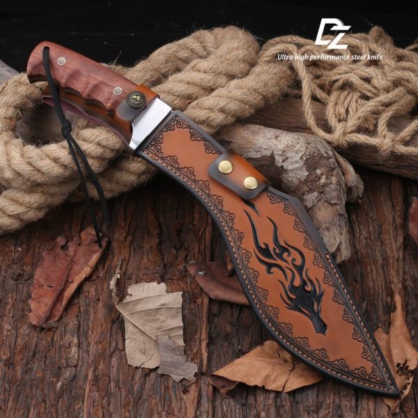 图 1 GT028 Red Big Dog Curved Knife Wooden Handle Leather Sheath
