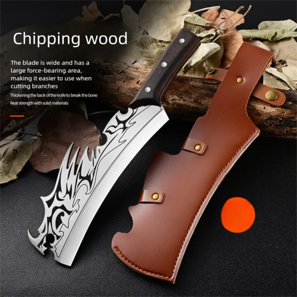 麒麟户外刀+麒麟户外刀皮套 LS097Xingrui Multi functional Diesel Knife Long Fixed Blade Knife Wooden Handle Leather Sheath
