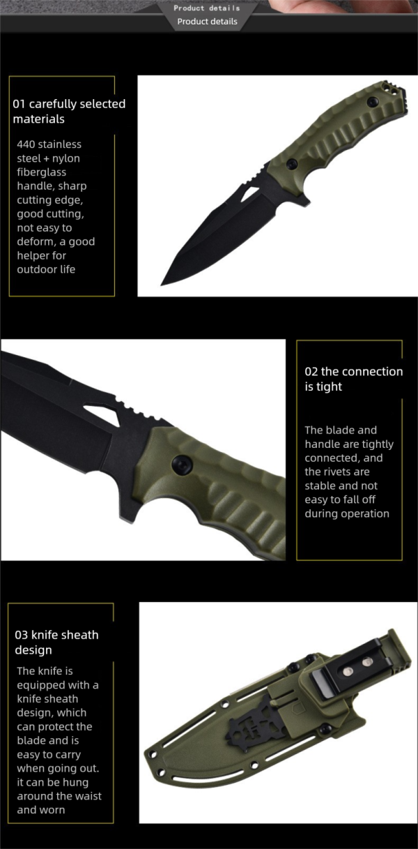 详情-12英 SS146 A2 multifunctional knife (black/green)Short Fixed Blade Knife G10 Handle K Scabbard