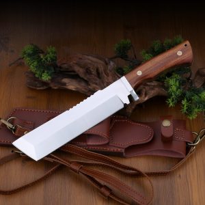 LS065 Mountain Breaker/Climbers (Leather Cover) Long Fixed Blade Knife Wooden Handle Leather Sheath